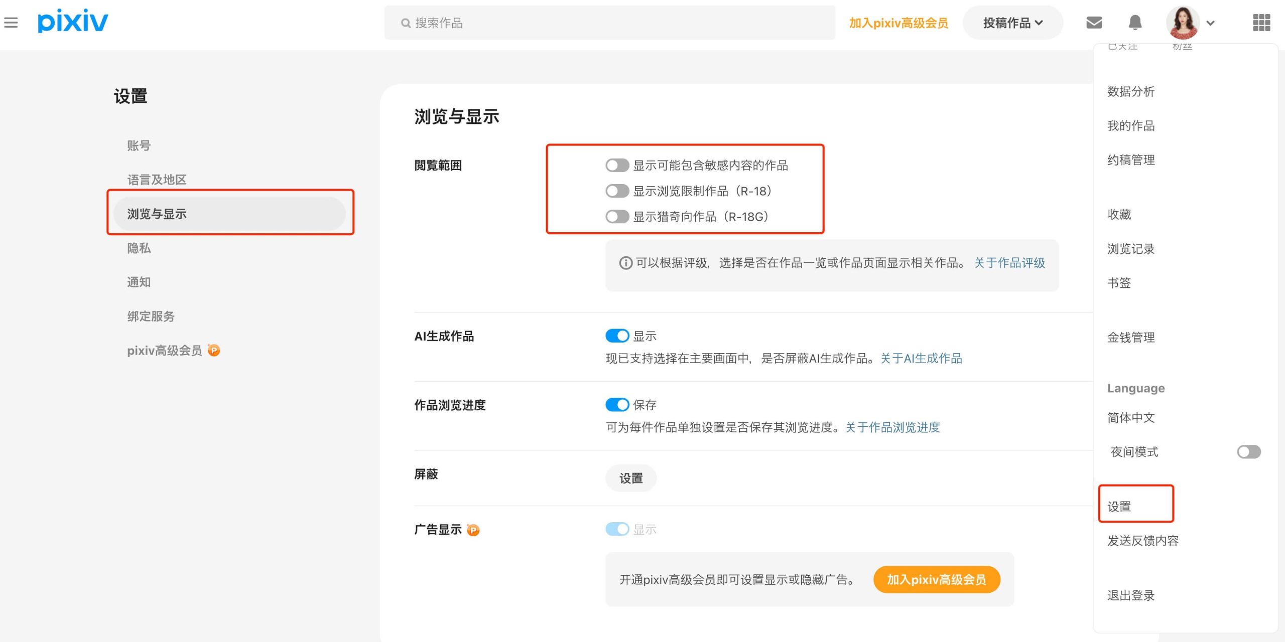 Pixiv R18内容设置界面